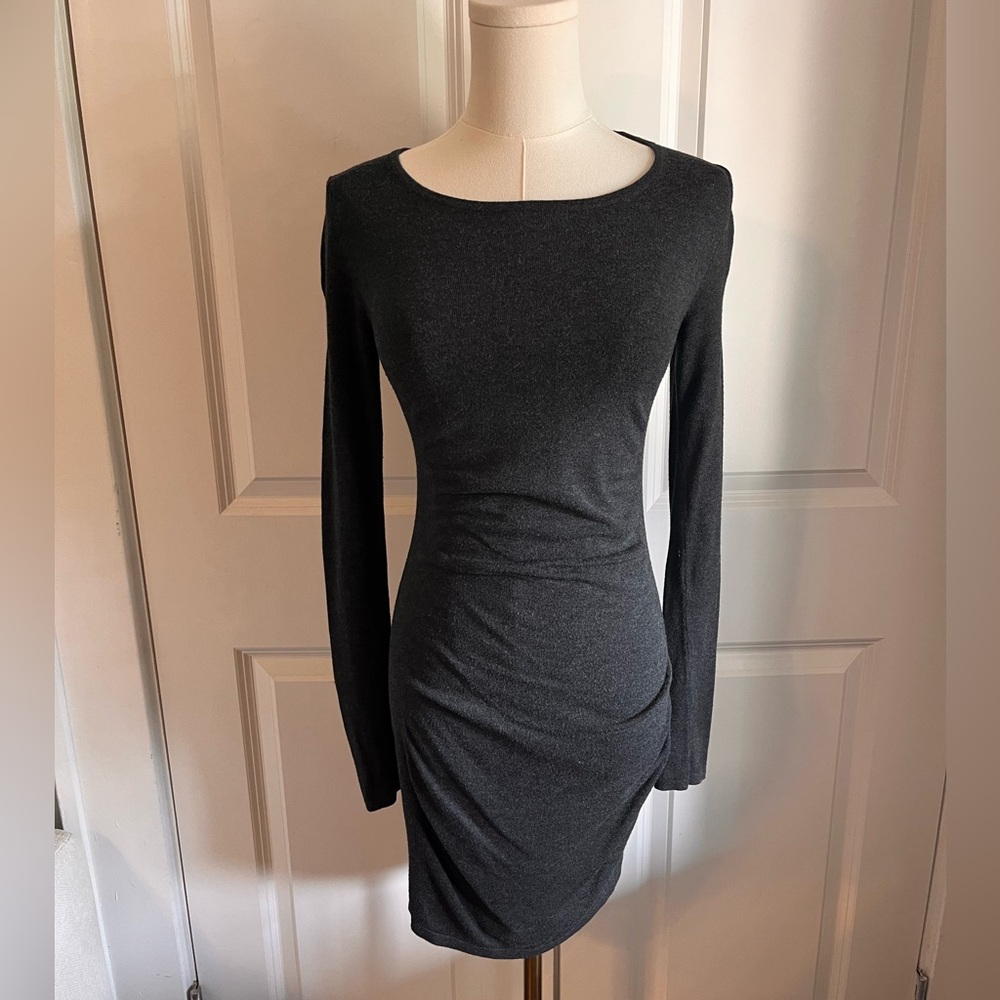 Express Gray Fitted Knit Long Sleeve Midi Dress